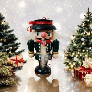 Vintage Goebel Nutcracker Prince Wood Ornament 2.5" Green Gold Christmas Rare VG